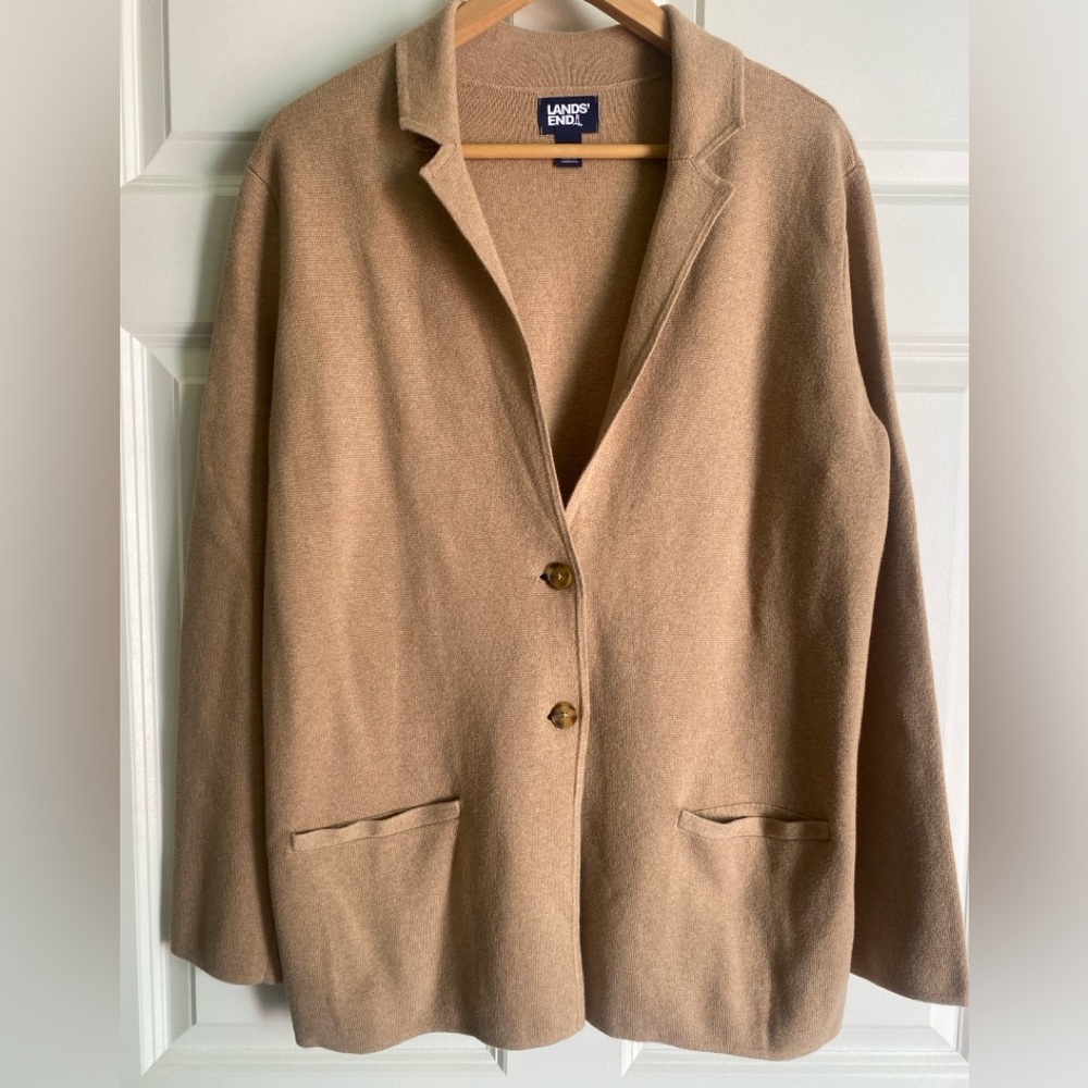 Lands’ End Women's Fine Gauge 100% Cotton Button Front Blazer Sweater Size M